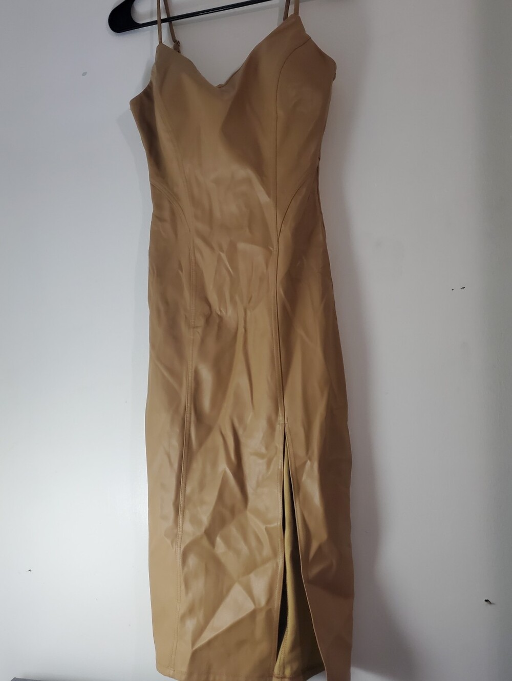 Urban Outfitters Tan Faux-Leather Midi Slip Dress with Side Slit